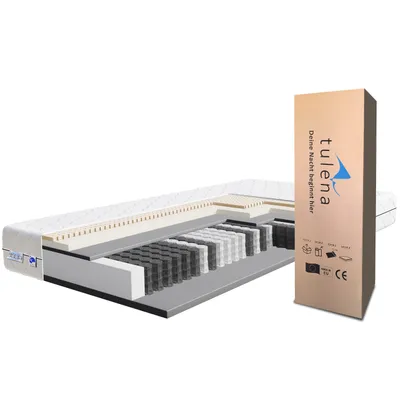 A cutaway view of a mattress and its packaging.