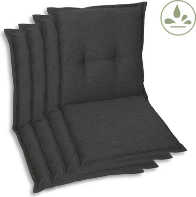 A stack of four dark gray chair cushions.