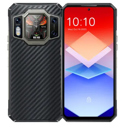 A product shot of a smartphone, showing both the front and back.