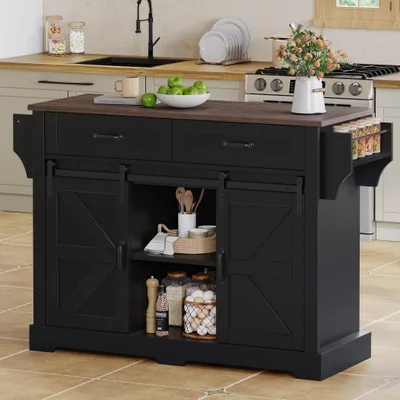 Image de OKWISH Îlot de Cuisine Buffet de Cuisine Mobile avec Portes Coulissantes et 2 Tiroirs, Plateau Rabattable, Roulettes, MDF, Noir