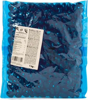 A bag of dark blue candies or chocolates.