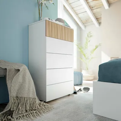Produktbild von Schubladenschrank Dorig, Kommode mit 5 Schubladen, Kommode für Schlafzimmer, Moderne Kommode, 61x40x109 cm, Weiß und Eiche