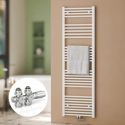 A white towel radiator with a towel hanging on it, mounted on a tan wall. A close-up inset shows a chrome valve system.