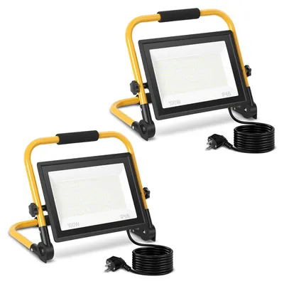 Immagine prodotto di Ikodm, 2 fari LED da costruzione da 100W, 8000 lumen, 6500K, potenti, con supporto e cavo da 3 metri, ideali per cantieri, industria e uso esterno, luce bianca fredda
