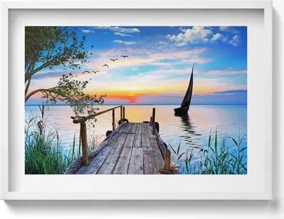 Produktbild von Segelboot auf einem See– Wandbild mit Rahmen – Gerahmtes Bild  – Wanddekoration – 70x50 cm –  Schwarz Rahmen