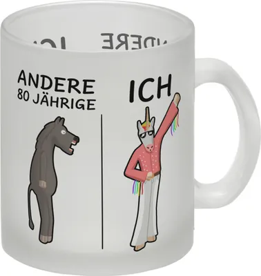 Produktbild von Witziger Glas Tasse für den 80. Geburtstag mit Motiv: Andere und ich