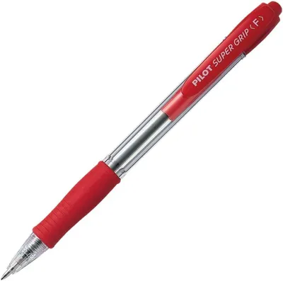A red and clear ballpoint pen with silver accents is shown against a white background.