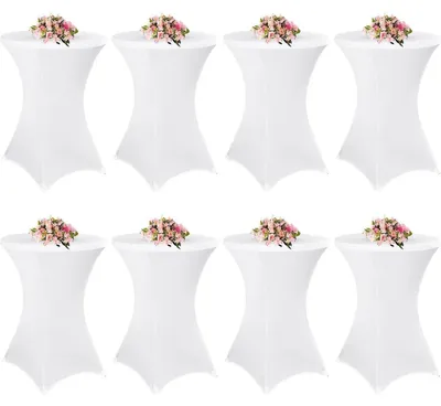 Productafbeelding van 8 witte tafelhoezen voor statafels, geschikt voor een diameter van 80-85 cm. Geschikt voor statafels en bistrotafels, met voetzakken