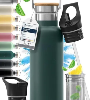 Produktbild von Famanu Thermosflasche 1 Liter + 3 Trinkverschlüsse, BPA-frei, auslaufsicher - Edelstahl