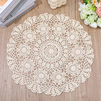 Imagen del producto de Juego de manteles individuales redondos, color beige vintage con encaje de crochet, diámetro 43 cm, para la cocina