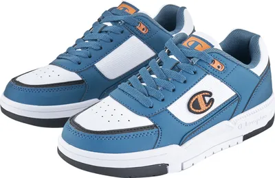 A pair of blue and white Champion sneakers.