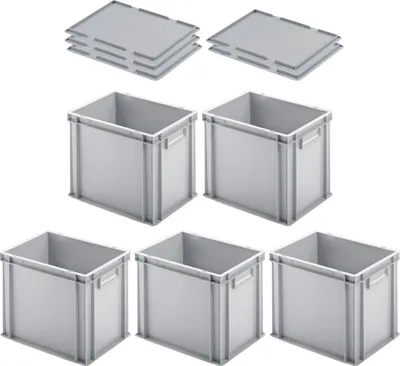 Produktbild von SuperSparSet 5x Eurobehälter mit geschlossenem Griff & Auflagedeckel | HxBxT 32x30x40cm | 29 Liter | Grau | Eurobox, Transportbox, Transportbehälter, Stapelbehälter