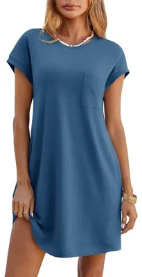 Produktbild von Imily Bela Damen Sommer-T-Shirt-Kleid – Lässiges Minikleid mit kurzen Ärmeln, Rundhalsausschnitt, lockerem, fließendem Schnitt und Taschen