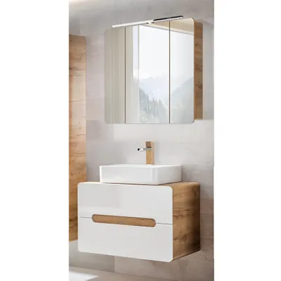 Produktbild von Badezimmer Waschplatz Set mit Keramik Aufsatzbecken Hochglanz weiß mit Wotan Eiche Nb. LUTON-56, B/H/T ca. 80/200/46 cm