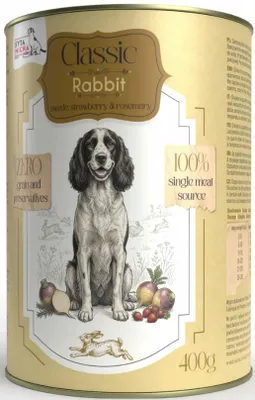 Imagen del producto de Karma mokra para perro, sabor a pollo y conejo con verduras, marca "Syta Micha", 400 gramos