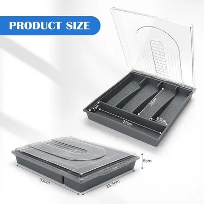 Produktbild von Famanu Besteckbox 33 x 28,5 cm - Ladeeinsatz mit 5 Fächern - Grauer Besteckhalter mit Deckel - Tragbar