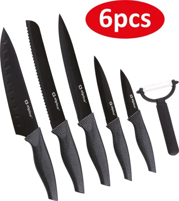 Produktbild von alpina 6dílná sada nožů na chléb, maso, univerzální nůž, loupač a nůž santoku - včetně ekonomické loupačky