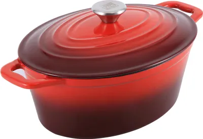 A red oval-shaped Dutch oven with a silver lid handle, shown from a slightly elevated side angle against a white background.