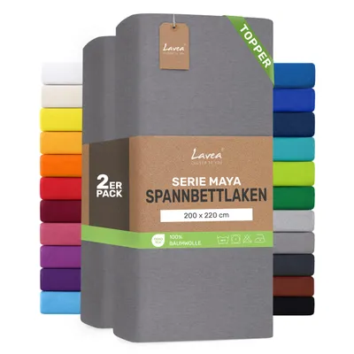 Produktbild von Lavea® 2er Pack Topper Spannbettlaken 200x220cm, Bettlaken aus 100% Baumwolle Jersey – Für Topper bis 10 cm Höhe – Weich, Mittelgrau