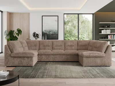 Produktbild von Sofa XXL U-Form Beige, Wohnlandschaft U Form mit Schlaffunktion, Sofa mit Schlaffunktion, Schlafsofa, Wohnzimmer Couch mit schlaffunktion - Morbido U - Braun Cord