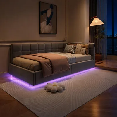 Produktbild von UnboxG Ausziehbares Schlafsofa 90×200 cm in Grau – Gasdruckfeder, USB & Type-C Ladeanschlüsse, RGB-Beleuchtung unter dem Bett