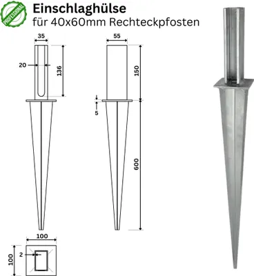 Produktbild von Einschlaghülse für Zaunpfosten 40 x 60 mm verzinkt