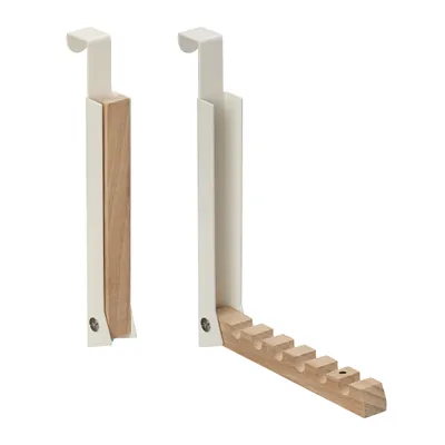 Image de Ensemble de 2 porte-manteaux pliants Relaxdays, à accrocher, crochets de porte avec 6 cintres, métal et bois, pour une feuillure de porte de 2 cm, beige