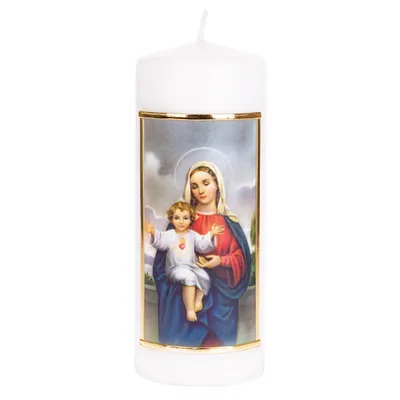 Produktbild von FRITZ COX Kerze mit Heiliger Maria & Jesus-Kind | Qualitätskerze | 44 Std. Brenndauer | 6x15cm | mit Wachs-Gold-Rahmen