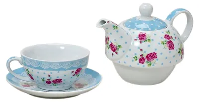 Produktbild von 3-teiliges Teeset aus Porzellan mit Teekanne, Tasse und Untertasse im Blumenmotiv (Blau)
