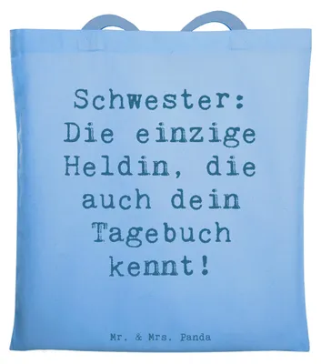 Produktbild von Mr. & Mrs. Panda Schultasche Spruch Schwester Heldin - Sky Blue - Geschenk, Stoffbeutel, Geschenke, Tasche, Uni, Familie, Tote Bag, Tragetasche, Familienmitglieder