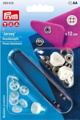 Obrázok produktu pre Stláčacie gombíky + narážač Jersey, našitý vzhľad, 12 mm, 7 ks, biele