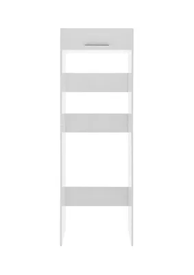 A white washing machine cabinet with shelves and a drawer.