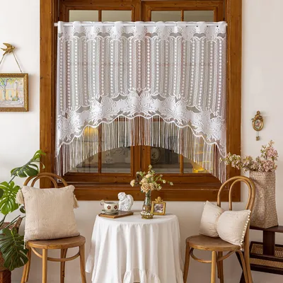 Immagine prodotto di Tenda a pannelli vintage con motivi floreali in pizzo e nappe, bianca trasparente, tenda da bistrot, sciarpa decorativa per bar, cucina, camera da letto, L150 x A120 cm