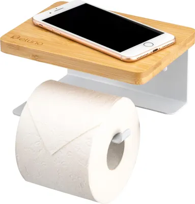 Image de eluno Distributeur de papier toilette VARAZ avec tablette en bambou, distributeur de rouleaux de papier toilette autocollant, en métal blanc