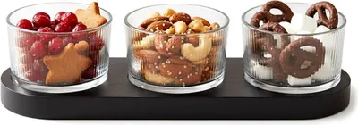 Immagine prodotto di Ciotole per snack in vetro con vassoio in legno nero, set da 4 pezzi