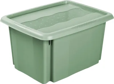 A green storage container with a lid.
