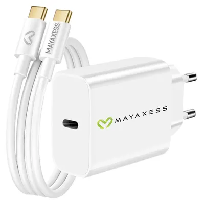 Zdjęcie produktu dla Mayaxess, zasilacz 20 W do iPhone'a 15 + kabel USB-C 1 m, biały