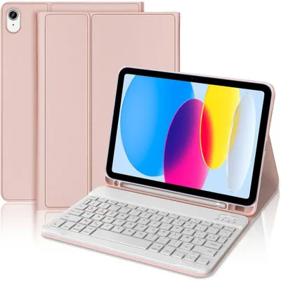 Image de Coque Clavier pour iPad A16 (11 Pouces) / iPad 10 2022 (10,9 Pouces) Synthécuir Rose avec Clavier Bluetooth
