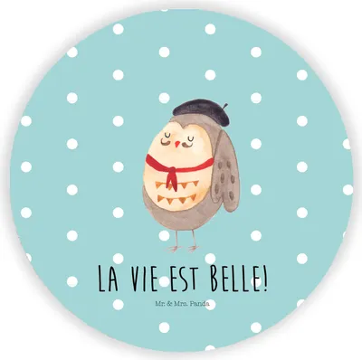 Produktbild von Mr. & Mrs. Panda Rund Magnet Eule Frankreich - Türkis Pastell - Geschenk, Spruch, für kühlschrank, Kühlschrankmagnet, La Vie Est Belle, Owl, Das Leben Ist schön, pinnwand