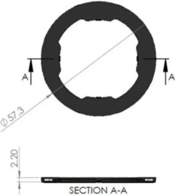 Technical drawing of a ring with dimensions and a cross-section view.