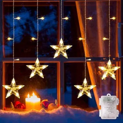 Image de Guirlande lumineuse de Noël, étoiles, pour fenêtre, 8 modes, piles, IP44, étanche, minuterie, intérieur, mariage, Noël, balcon