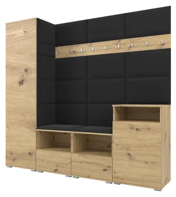 Obrázek produktu pro Šatní skříň NELA X 200 cm, modulární nábytek do předsíně, dub Artisan s černým polstrováním 16 (skříň + příborník)