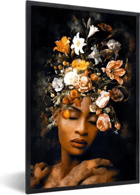 Produktbild von MuchoWow® MuchoWow® Gerahmtes Poster Blumen - Frau - Gold 20x30 cm - Poster mit zchwarzem Bilderrahmen - Drucken - Bilder Poster im Rahmen