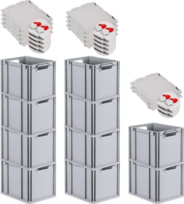 Produktbild von SuperSparSet 10x Eurobox NextGen Economy mit Scharnierdeckel und roten Schiebeschnappverschlüssen | Griffe offen | HxBxT 32x30x40cm | 30 Liter | Eurobehälter, Transportbox, Transportbehälter, Stapelbehälter