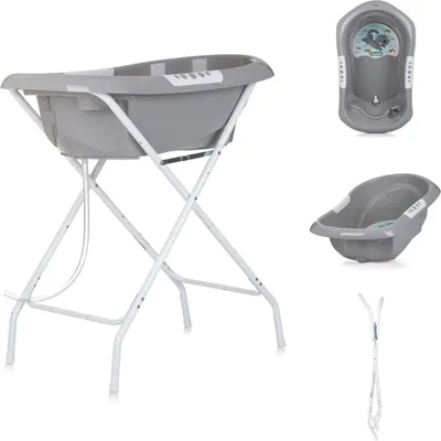 A collage of images showing a baby bathtub with a stand, a top view of the bathtub, and a side view of the bathtub.