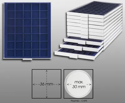 Produktbild von Prophila Collection Münzbox grau 35 eckige Fächer für Münzen bis 36mm, Blaue Einlage z. B. 10 DM, 10 Euro, 5 Rubel