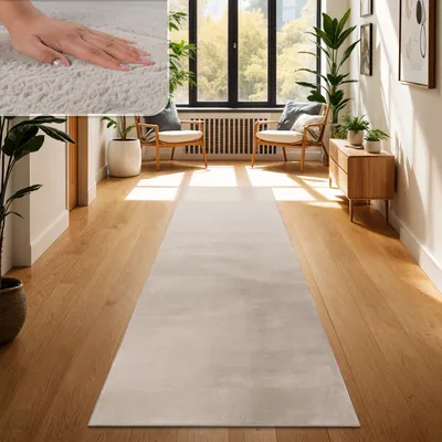 A hallway with a rug, chairs, and plants.
