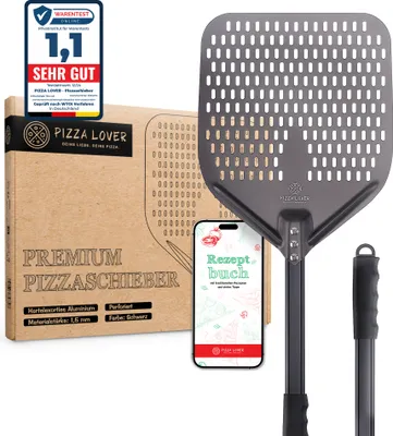 Produktbild von PizzaLover Pizzaschaufel Premium - Perforierter Pizzaschieber aus Harteloxiertem Aluminium mit rutschfester Griff – 30x70 cm – Ideal für Pizzaofen, Grill, Pizzastein - Profi & Hobby Pizzabäcker