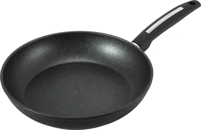A black frying pan with a silver and black handle is shown against a white background.