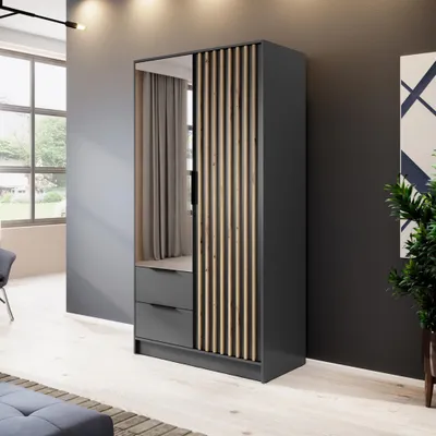 Produktbild von 2-türig Kleiderschrank mit Lamellen Polly 105 cm Schrank mit Spiegel Garderobenschrank mit Schubladen, Farbe: Graphit